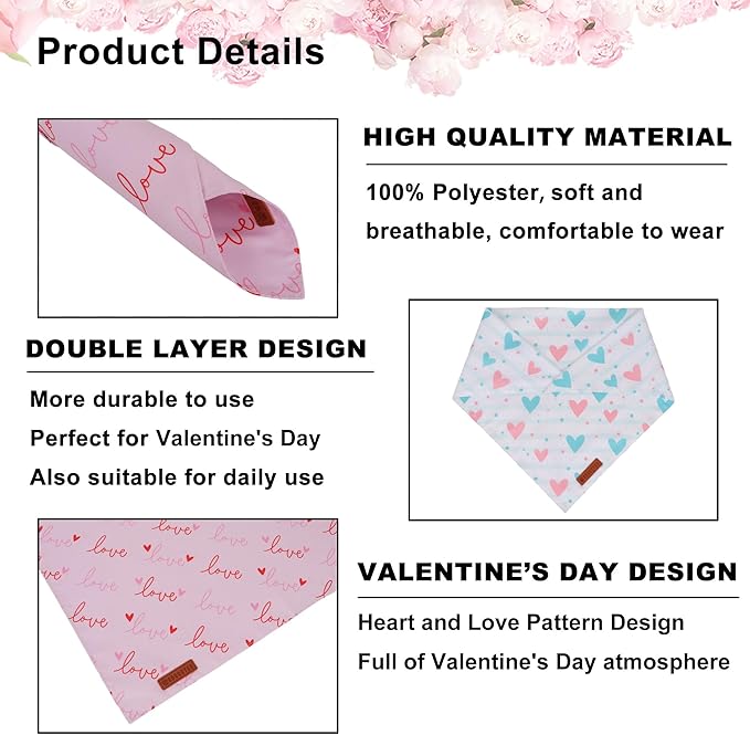 ADOGGYGO Valentine Dog Bandanas 2 Pack, Triangle Reversible Pink White Heart Dog Scarf, Premium Durable Fabric, Pet Valentine Bandana for Small Dogs (Small)