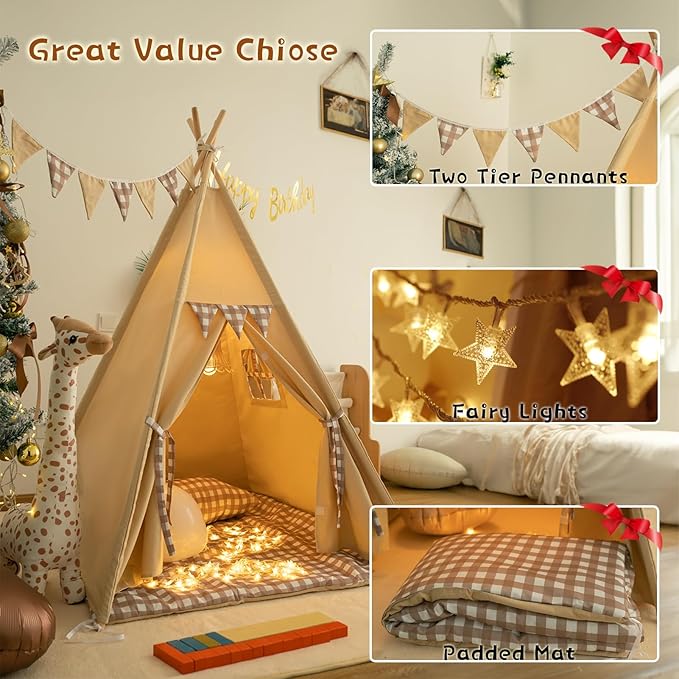 TreeBud Teepee Tent with Padded Mat Bunting Banner Fairy Lights - Print Gingham Kids Play Tent with Carry Bay for Indoor and Outdoor, Play House Toys for Toddler, Boys and Girls