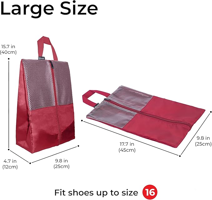 HANOZI Shoe Bags For Travel, Used As For Storage or Shoe Travel Bag, Space Saving When Travelling With This Travel Shoe Bags For Packing, Featuring Waterproof Nylon Sneaker Bag. (Red, 2 Pack, Large)
