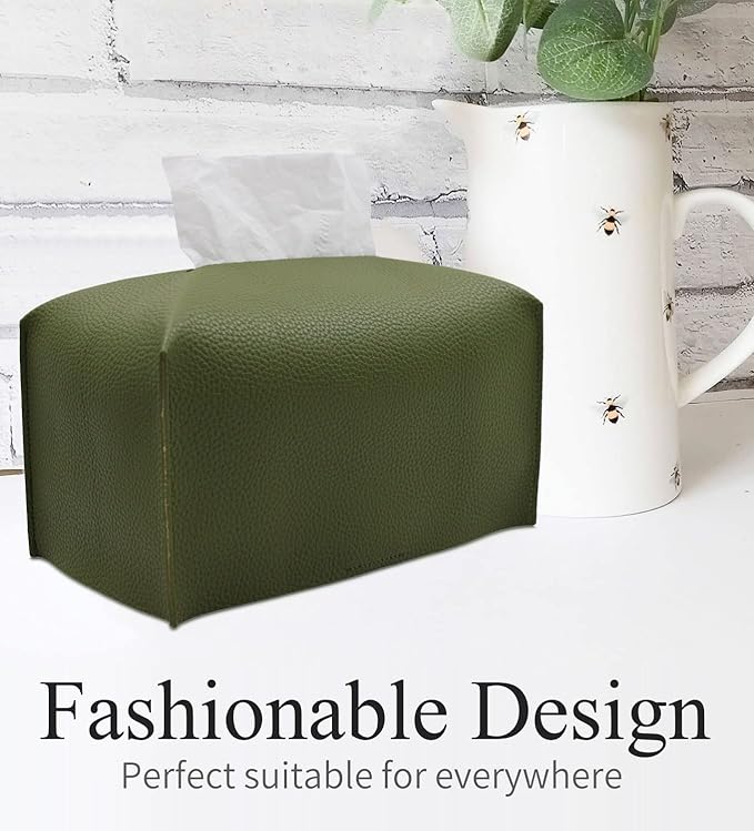 Livelab Tissue Box Cover, Rectangular Modern Decorative PU Leather Tissue Box Case Organizer Holder for Vanity Countertop, Night Stands, Livingroom, Office Desk & Car 9.5X5X5'' | Olive Green