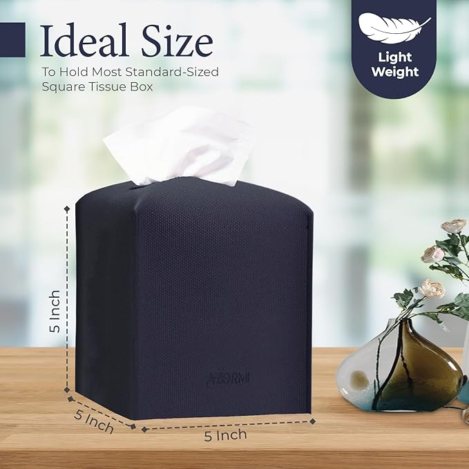 Tissue Box Cover, PU Leather Tissue Box Holder with Bottom Belt, Modern Square Tissue Box Covers with Wide Opening (Blue, Woven Patterns)