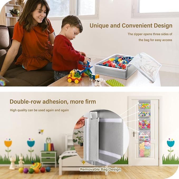 Woodoulogy Over Door Organizer and Storage, Hanging Toy Holder with 4 Clear Removable Pouches, Toddler Room Wall Stuffed Animal Bag Case, Kids Playroom Closet Organization for Building Block, Puzzle