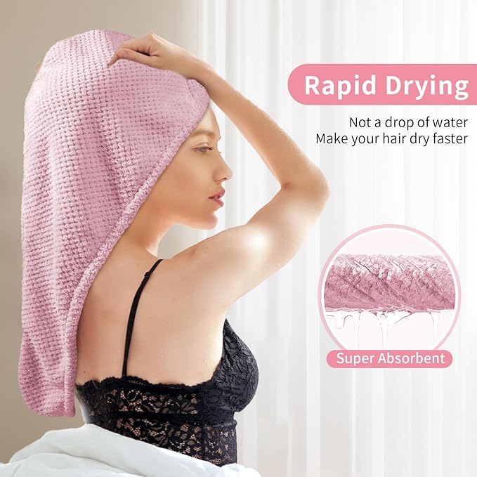 my novel things 3 Pack Hair Towel Wrap for Women, 25.4" x 9.8" Microfiber Towels, Super Absorbent Quick Dry with Button for Curly Hair Anti Frizz (Pink,White,Purple)