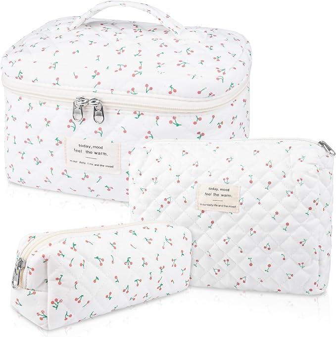Gosect Large Makeup Bag Set, Quilted Makeup Bag, Floral Cosmetic Bag for Women, Cute Cotton Makeup Bags, Flower Travel Toiletry Organizer Bag (white)