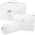 Gosect Large Makeup Bag Set, Quilted Makeup Bag, Floral Cosmetic Bag for Women, Cute Cotton Makeup Bags, Flower Travel Toiletry Organizer Bag (white)