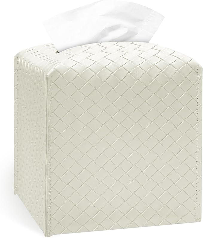 Tissue Box Cover Holder, PU Leather Tissue Box Cover with Braided Pattern, Square Tissue Holder with Bottom Belt, Modern Organizer for Bathroom, Car, Office, Tabletop (White., 12 Braided Patterns)