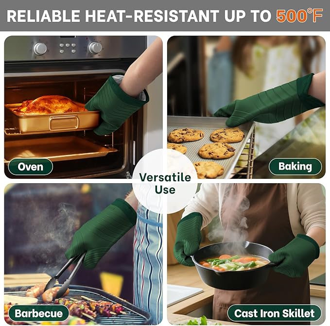 Beneno Heat Resistant Silicone Oven Mitts BPA-Free, Non-Slip Textured Grip & Quilted Cotton Lining, Waterproof Kitchen Mitt 2-Pack Set, 7"x13", Green