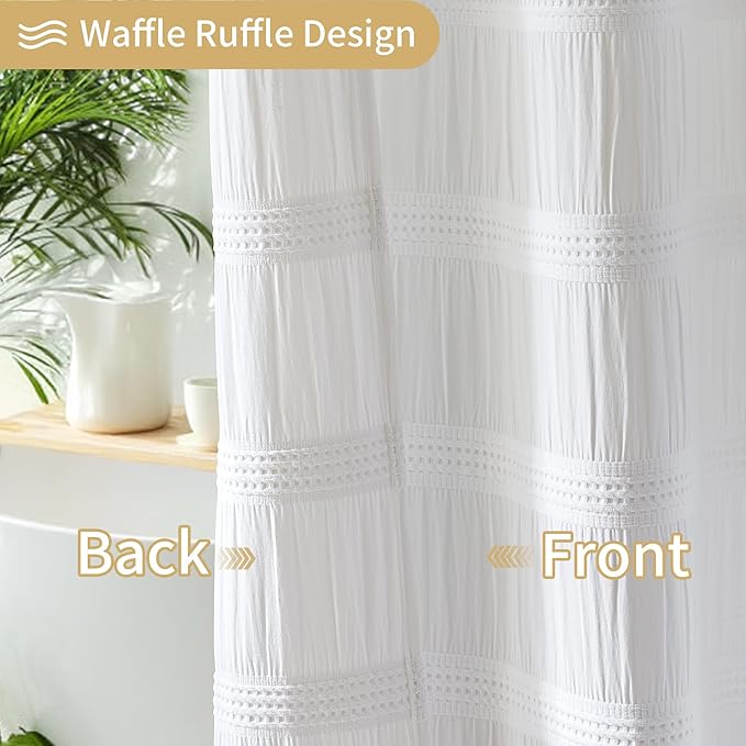 Lameirose White Shower Curtain Fabric, White Textured Shower Curtain Boho Cotton Blend Striped Waffle Shower Curtains for Bathroom 72 x 72