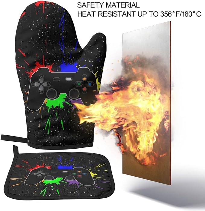 Video Game Joystick Oven Mitts and Pot Holders Insulated Gloves & Kitchen Counter Safe Mats for Cooking BBQ Baking Grilling (2-Piece Set)