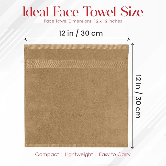 RIVERSIDE 12 Pack Premium 100% Cotton Face Wash Cloths, 12 x 12 Inches, Soft & Absorbent Face Towels for Bathroom Wash Clothes, 550 GSM, Luxury WashCloths for Showering, Body, Spa & Gym, Tan