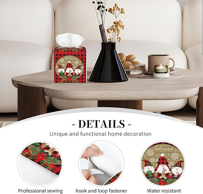 Red and Black Buffalo Plaid Leather Tissue Box Holder Christmas Gnomes Tissue Box Cover Square Waterproof Tissue Holder Organizer Modern Napkin Holder for Bedroom Dresser Night Stand Office Desk