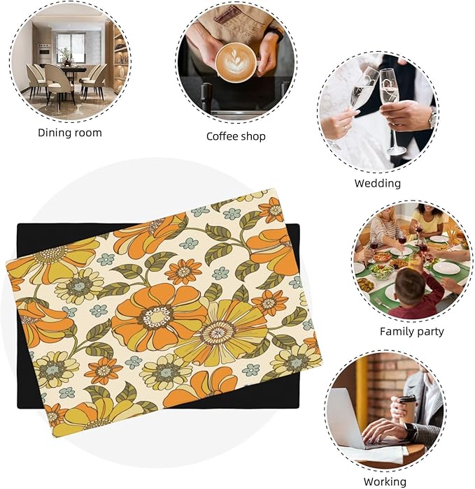 Vintage Floral Placemats, Orange 70s Rustic Natural Hippy Boho Floral Plant Print Washable Fabric Placemats Table Kitchen Dining Party 12x18 Inch Set of 6