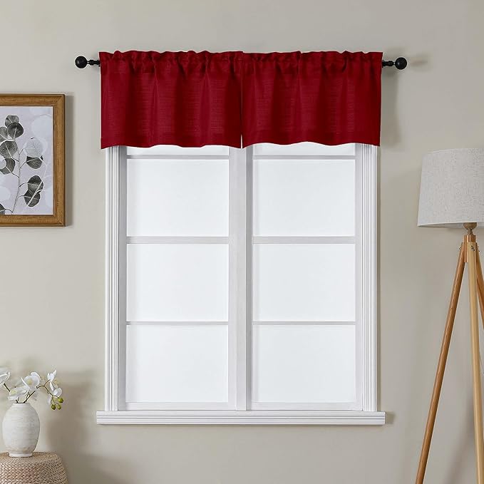 Lecloud Bessie Christmas Red Valances 14 Inch Length 2 Pcs, Festive Light Filtering Faux Linen Curtains, Retro Dual Rod Pocket Airy Curtains for Cafe Bedroom Kitchen Living Room, Each 30" W x 14" L