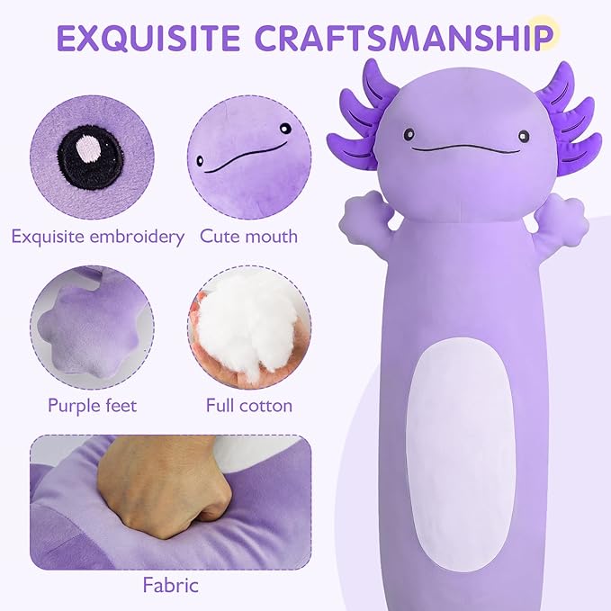 Dalmao 36 inch Cute Giant Purple Axolotl Plush Soft Body Pillow, Large Squishy Plushies Axolotl Stuffed Animals Toy, Gifts for Kids Boys Girls Birthday, Halloween, Christmas