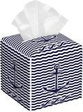 BLYKVGHQ Square Tissue Box Cover Nautical Anchor on Blue and White Stripes Tissue Box Holder Facial Cube Paper Dispenser Leather Decorative Organizer Home Office Desk Decor, 5.2"x5.2"x5.2"