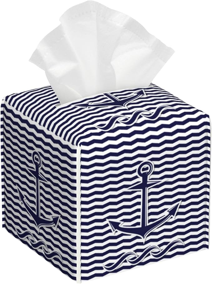 BLYKVGHQ Square Tissue Box Cover Nautical Anchor on Blue and White Stripes Tissue Box Holder Facial Cube Paper Dispenser Leather Decorative Organizer Home Office Desk Decor, 5.2"x5.2"x5.2"