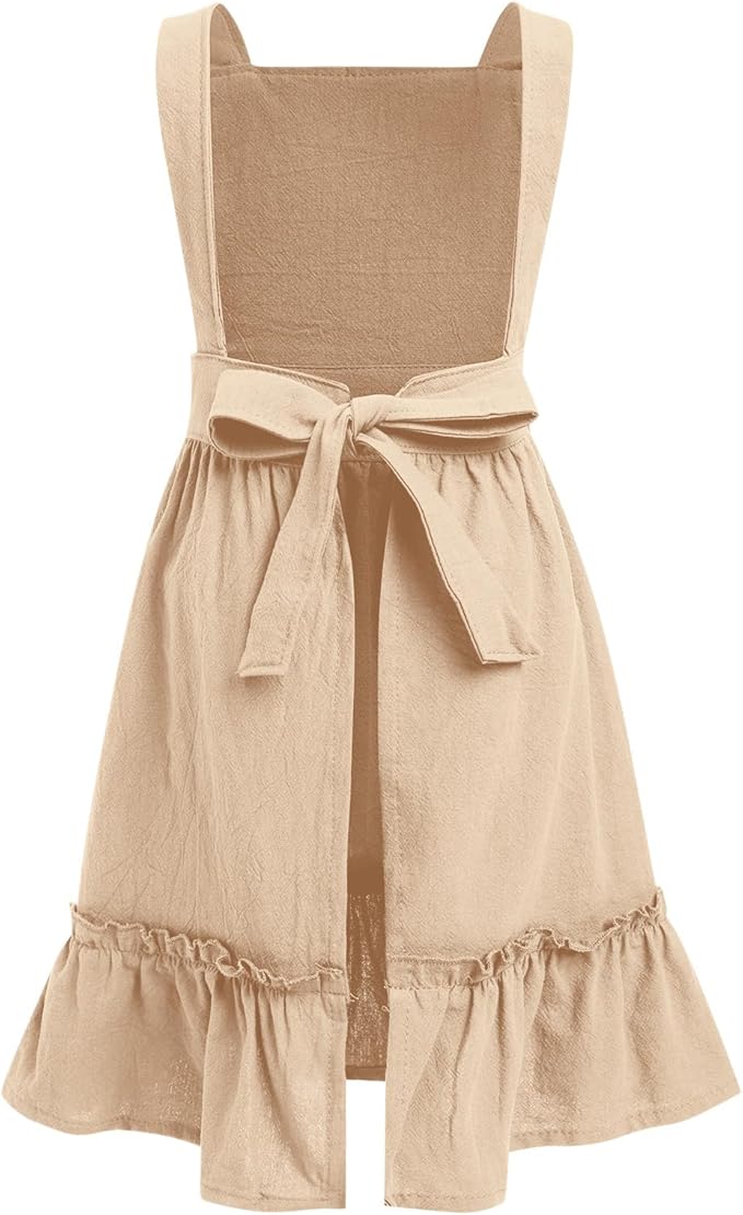 IWEMEK Kids Aprons for Girls Cooking Child Cotton Linen Apron Dress with Pockets Art Baking Gardening Painting Apron Pinafore