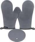 Silicone Oven Mitts and Pot Holders Sets 3PCS for Kitchen, Oven Gloves Heat Resistant 500°F, Non-Slip Silicone Potholder 7.1”, Thick Oven Mitts & Thick Hot Pads Protection for Cooking, Grey