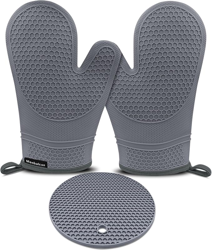 Silicone Oven Mitts and Pot Holders Sets 3PCS for Kitchen, Oven Gloves Heat Resistant 500°F, Non-Slip Silicone Potholder 7.1”, Thick Oven Mitts & Thick Hot Pads Protection for Cooking, Grey