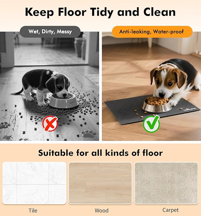 UPAWPIA Pet Food Mat Absorbent Cat Food Mat Dog Mat for Food and Water Quick Dry No Stains Dog Feeding Mat Placemat for Messy Drinkers Cat Food Mats for Indoor Cats Bowl Mats Pet Supplies 17"X28" Grey
