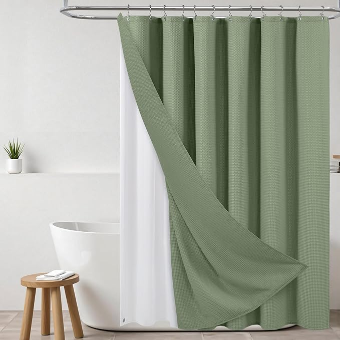 ROLIZOE 3-in-1 Waffle Texture Shower Curtain Set with TPU-Coated Waterproof Liner and 12 Upgraded Double-Sided Hooks, Well-Matched Sizes for a Seamless Fit – Green, 72" x 72"