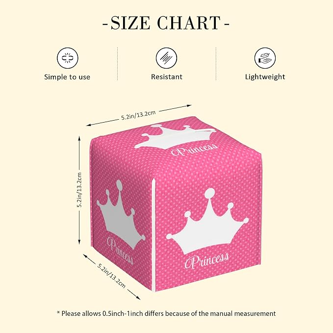 POIUBLE Leather Tissue Box Holder Pink Princess Crown Tissue Box Cover Square Waterproof Tissue Holder Organizer Modern Napkin Holder for Bedroom Dresser Night Stand Office Desk