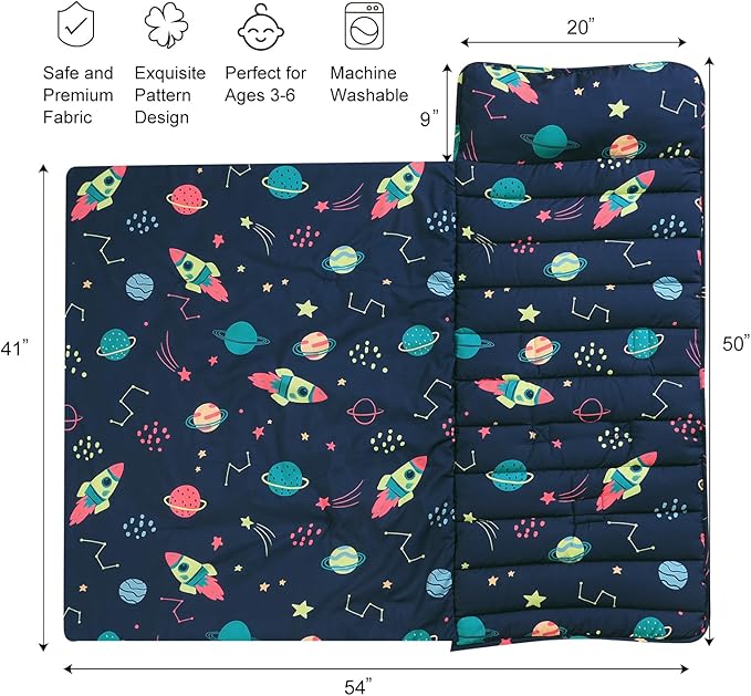 david's kids Toddler Nap Mat Set with Removable Pillow, Ultra Soft Slumber Bags for Boys Girls，Perfect for Preschool, Daycare, Kids Sleeping Bags with Rollup Design, 50"x20", Space & Star