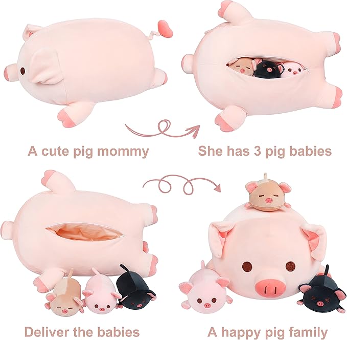 Achwishap Pig Stuffed Animal Mommy 19.6” with 3 Pig Babies Plush,4 PCS Cute Pig Plushie Pillow,Kawaii Plush Toys Soft Hugging Pillow for Kids Girls Boys Birthday Gifts for Valentines(Pink Pig Family)