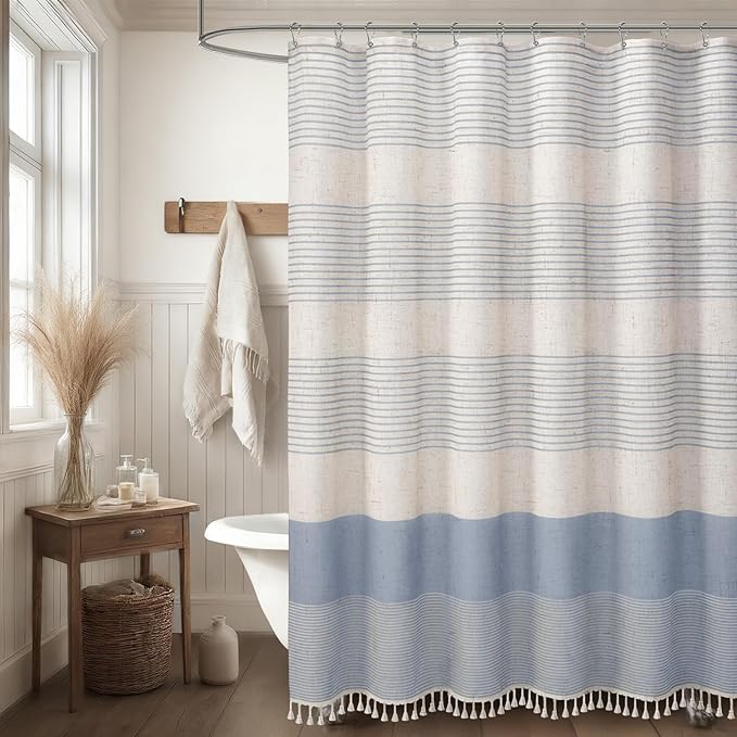 XOGUIBO Light Blue Shower Curtain Linen Coastal Ocean Striped Shower Curtains for Bathroom with Tassel 72 X 72