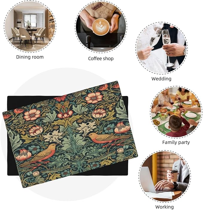 William Morris Placemats, Vintage Rustic Abstract Green Plants Flowers Nature Birds Print Washable Fabric Placemats Table Kitchen Dining Party 12x18 Inch Set of 6