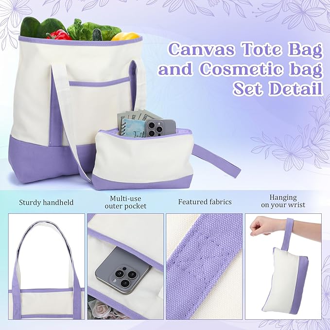 Sanwuta Canvas Tote Bags Bulk with Outer Pocket and Makeup Pouch 18'' Reusable Grocery Bags with Handles for Women Beach DIY