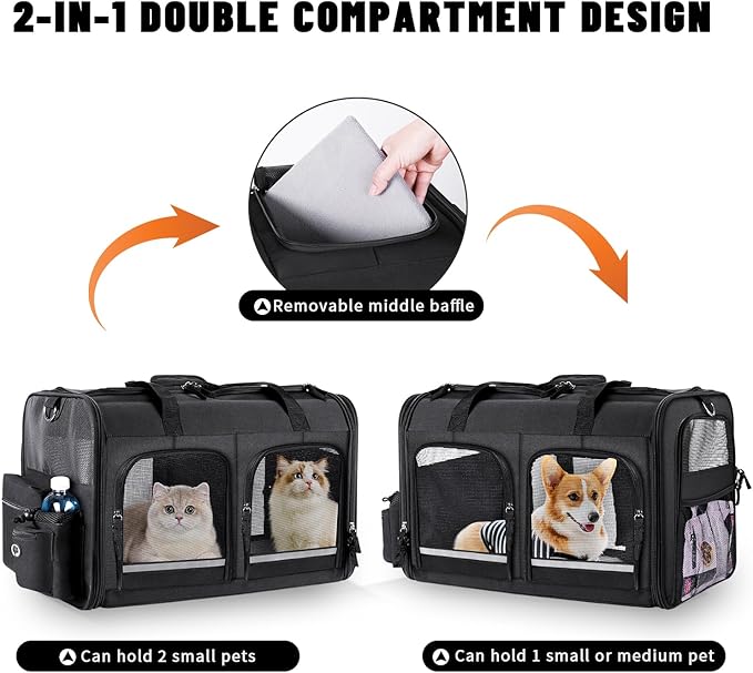 Groxkox Cat Carrier for 2 Cats, Foldable Double Cat and Dog Carrier, Small to Medium Size, 2 Front Zippered Compartments,Two Pets Carrier for Outdoor Travel,Mulitple Cat Carrier (Black)