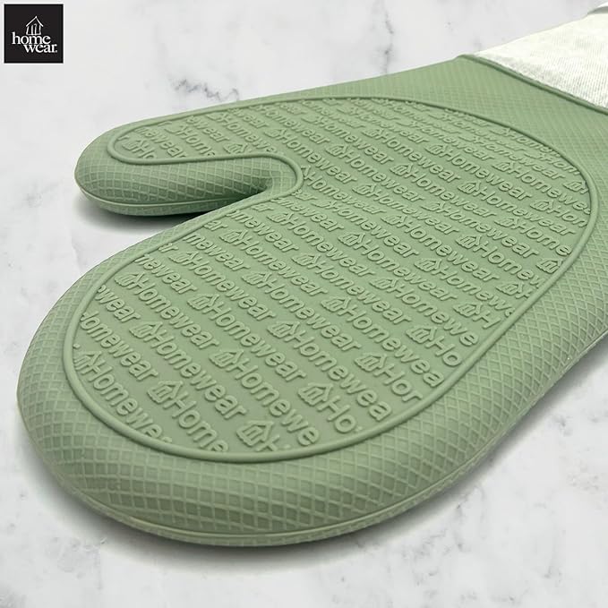 Homewear Marlow Silicone Extra Long Oven Mitt 2 Piece Set, Heat and Slip Resistant, Recycled Cotton with Soft Lining, Thick Kitchen Gloves for Cooking, Green