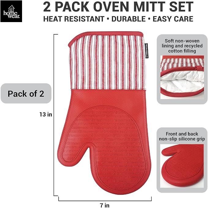 Homewear Marlow Silicone Extra Long Oven Mitt 2 Piece Set, Heat and Slip Resistant, Recycled Cotton with Soft Lining, Thick Kitchen Gloves for Cooking, Red