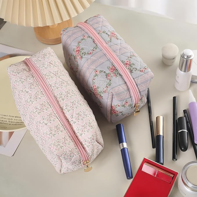Gleyemor 2 Pieces Quilted Makeup Bag, Cute Floral Cosmetic Bag for Women, Cotton Make Up Bag Set, Flower Travel Toiletry Bag Organizer (Pink Floral+ Pink Bowknot)