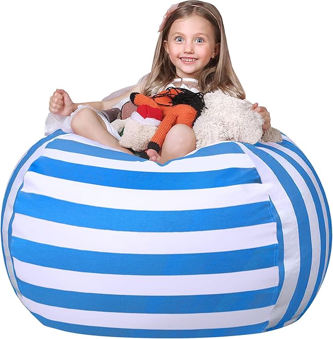 WEKAPO Stuffed Animal Storage Bean Bag Chair Cover for Kids | Stuffable Zipper Beanbag for Organizing Children Plush Toys Large Premium Cotton Canvas (Blue, XX-Large)