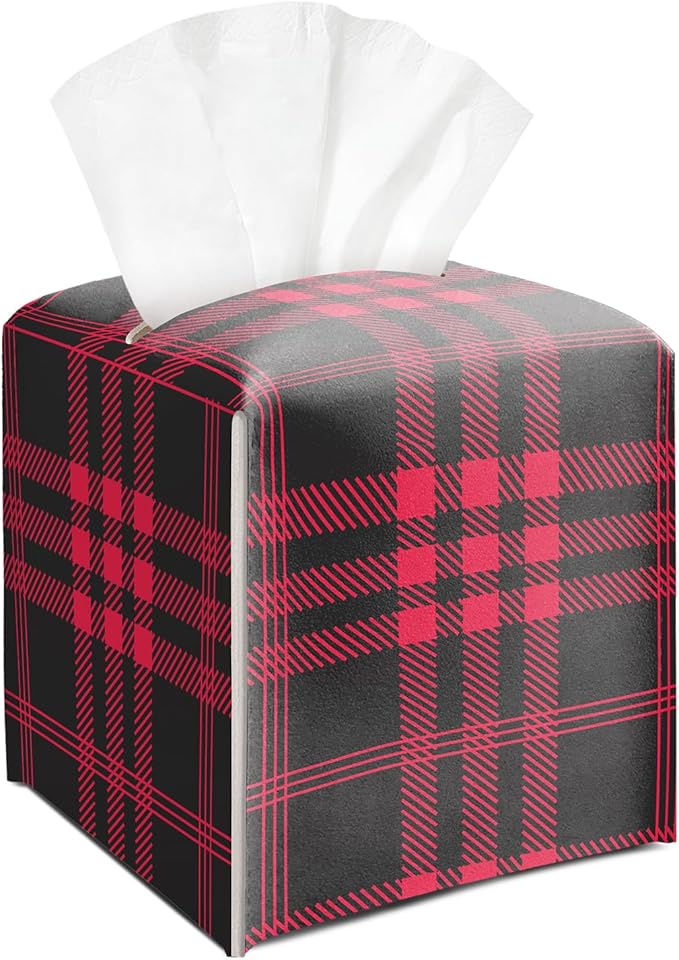 Red and Black Checkered Tissue Box Cover Square, Vintage Leather Tissue Holder with Bottom Belt, for Nightstands Desks Office Bathroom Car Vanity Home Decor Supplies -008