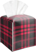 Red and Black Checkered Tissue Box Cover Square, Vintage Leather Tissue Holder with Bottom Belt, for Nightstands Desks Office Bathroom Car Vanity Home Decor Supplies -008