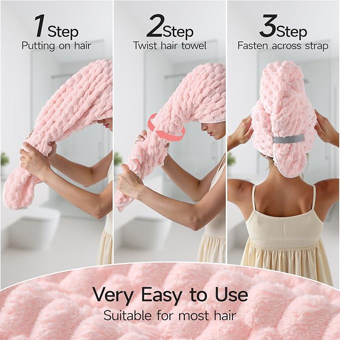 REDKISS 2 Pack Microfiber Hair Towels - Extra Large Hair Towel Wrap for Women, 24x42 inch Pink Hair Towels with Elastic Strap, Super Soft Grey Hair Drying for Long, Curly Anti Frizz Turbans