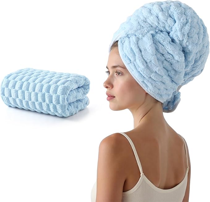 REDKISS Blue Microfiber Hair Towels - Extra Large Hair Towel Wrap for Women, 24x42 inch Hair Towels with Elastic Strap, Super Soft Hair Drying Towels for Long, Thick, Curly Anti Frizz Turbans