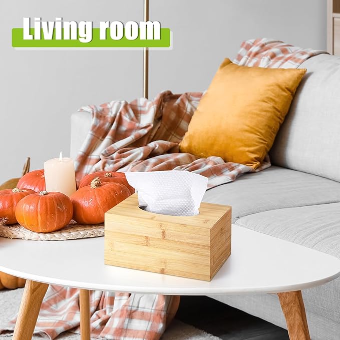Rectangular Tissue Box Cover, Bamboo Tissue Box Cover Rectangle Tissue Box with Slide-Out Bottom Decorative Cube Facial Tissue for Bathroom Bedroom Dinner Table Office Tabletop