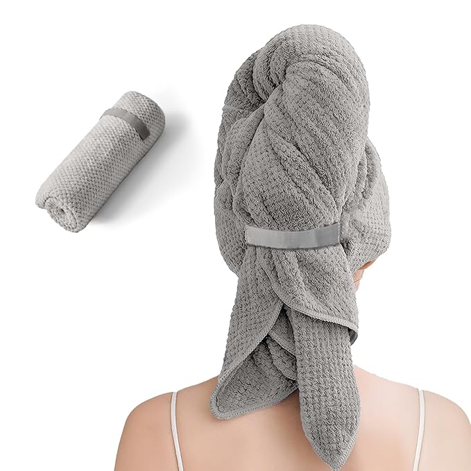 Netcken Large Microfiber Hair Towel for Women,Super Soft Anti Frizz & Quick Dry for Curly Hair,Ultra Absorbent Hair Wrap Towels for Long,Thick,Wet Hair 24x42 Inches (Grey)