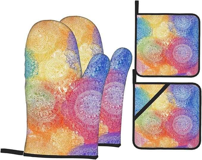 Oven Mitts and Pot Holders Sets of 4 Colorful Rainbow Mandala Pattern Kitchen Potholder Gloves Heat Resistant Non-Slip for Chef Baking Cooking Grilling BBQ Mittens