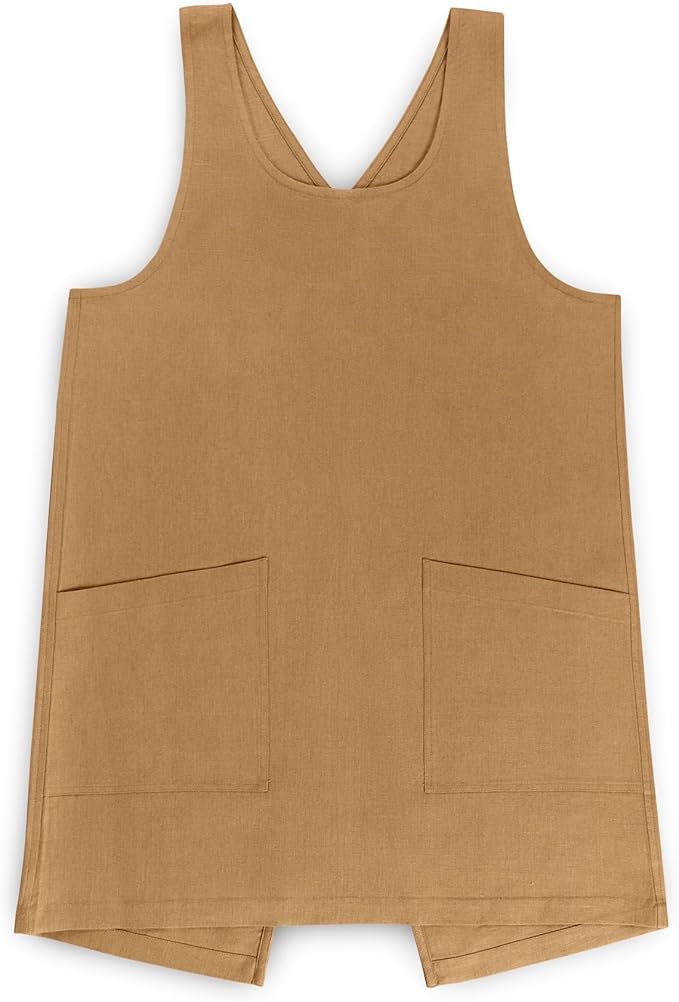 Solino Home Cross Back Linen Apron with Pockets for Gardening, Kitchen - Tobacco Brown Pinafore Smock Apron 100% Pure Linen for Men & Women - Handcrafted from European Flax