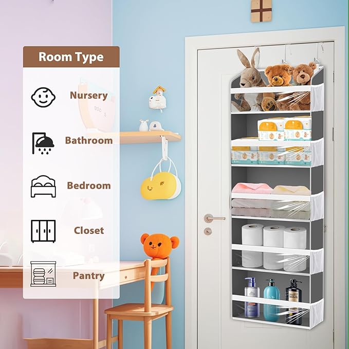 KYEVIS Over the Door Hat Organizer & Rack - Holds 60 Baseball Caps, Hat Storage for Closet Door Wall with 10 Clear Mesh Pockets, Grey