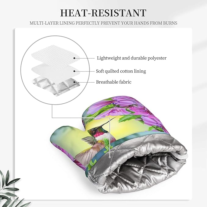 Bird Hummingbird Flower Oven Mitts And Pot Holders Set Of 4 Silicone Heat Resistant Oven Mitten Potholders Non Slip Gloves Kitchen Decor For Bbq Cooking Grilling Baking