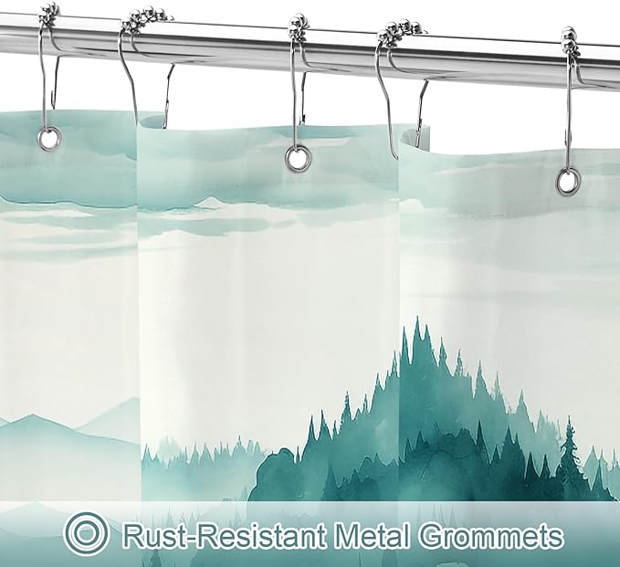 Litabel Teal Blue Long Misty Pine Forest Shower Curtain 72 x 78, Mountain Foggy Woodland Scenery Tree 78 Inch Long Shower Curtains for Bathroom, Turquoise Abstract Waterproof Nature-Themed Decor