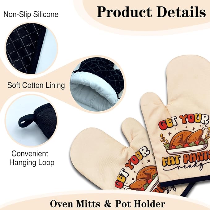 2 Pack Funny Turkey Oven Mitts, Get Your Fat Pants Ready, Heat Resistant Silicone Non-Slip Mitts, Thanksgiving Gifts for Turkey Lovers, Humorous Kitchen Gifts for Women Hostess Chef Friend