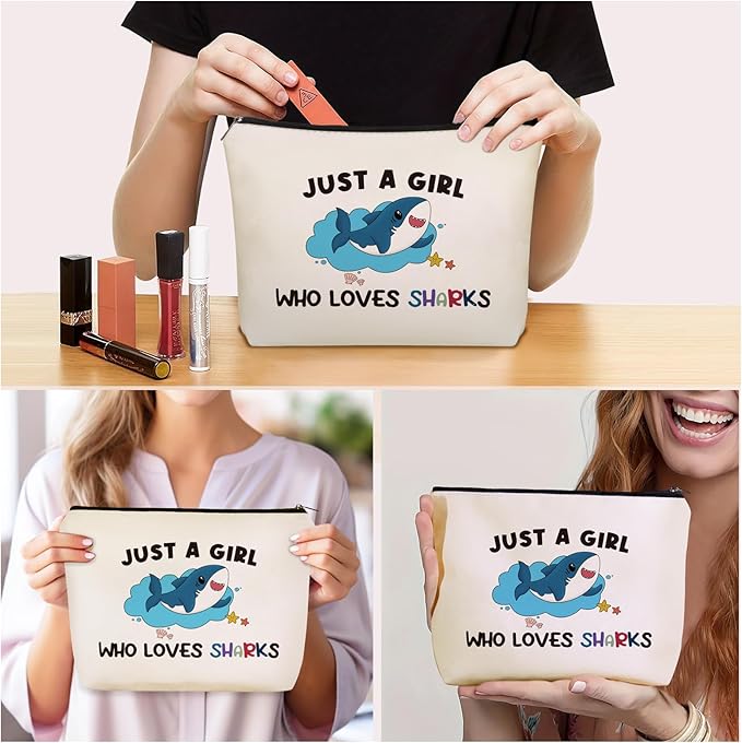 Girlly Shark Makeup Bag Valentines Day Gifts: Sharks Themed Cosmetic & Toiletry Organizer Pouch For Daughters, Sisters,Mom, Friends,Teen Girls & Women.Ideal Shark Lover Gift For Travel, Birthdays.