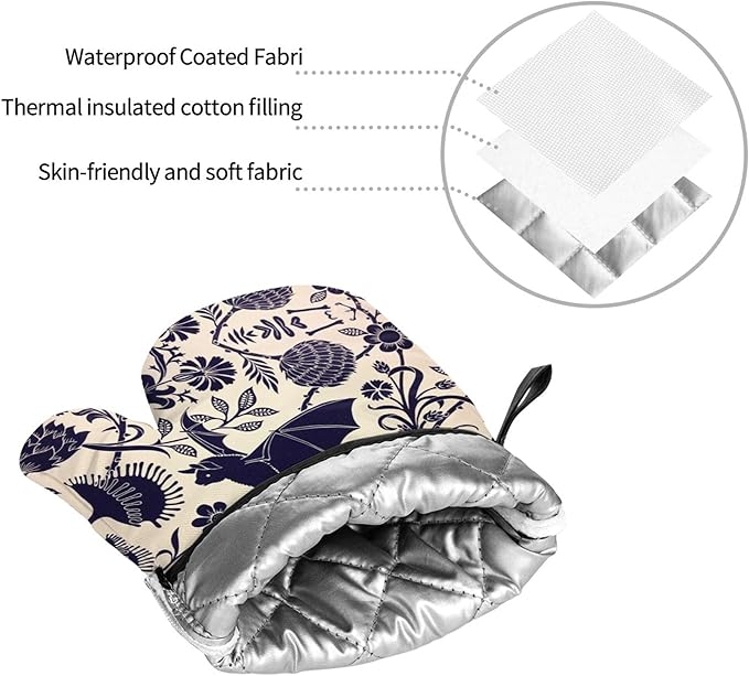 Bats and Flower Oven Mitts and Pot Holders Sets of 4,Resistant Hot Pads with Polyester Non-Slip BBQ Gloves for Kitchen,Cooking,Baking,Grilling